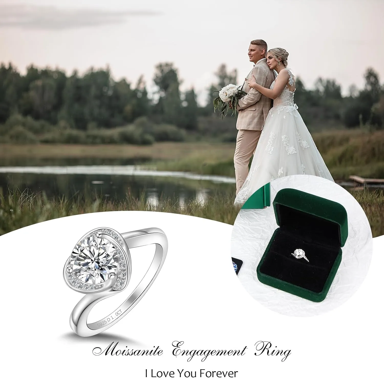 1 CT 2CT Moissanite Enagaement Ring for Women, White Gold Plated 925 Sterling Silver Moissanite Rings, Promise Rings Wedding Band Rings for Women Size 5-10