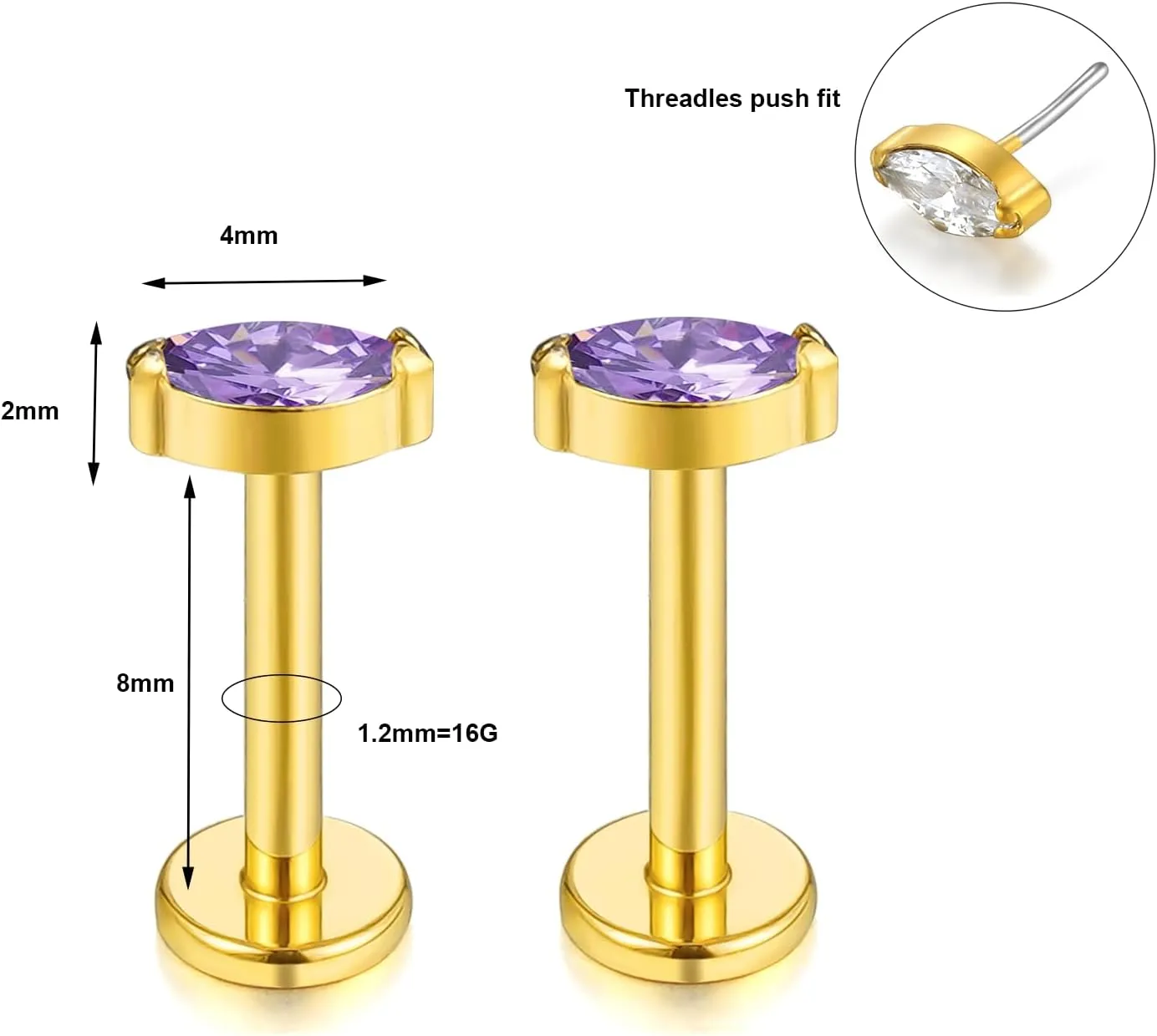 1 pair 16G G23 Titanium Threadless Labret Studs Push-in CZ Labret Lip Cluster Tragus Helix Conch Lobe Rook Cartilage Push Back Sleeper Earring Piercing Jewelry for Men Women