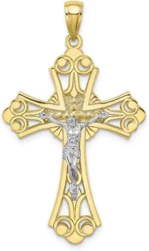 10K White and Yellow Two Tone Gold Crucifix Cut Out with White Jesus Pendant (1.66 x 0.75 inches)