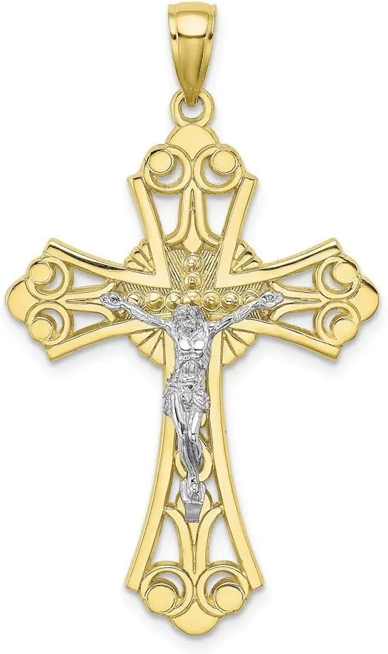10K White and Yellow Two Tone Gold Crucifix Cut Out with White Jesus Pendant (1.66 x 0.75 inches)