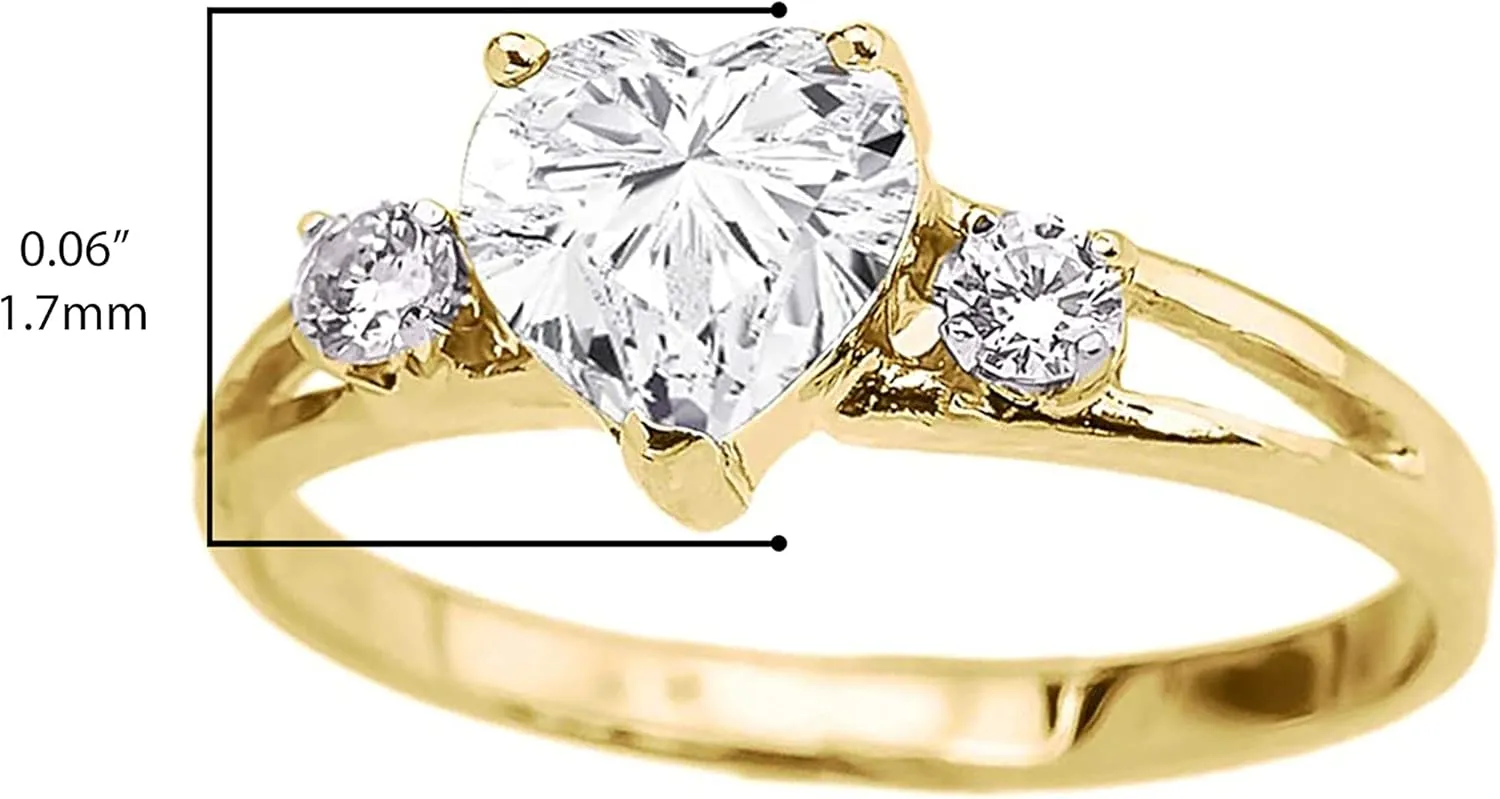 10k Yellow Gold Heart Shape Cubic Zirconia & White Topaz Split Shank Three Stone Ring