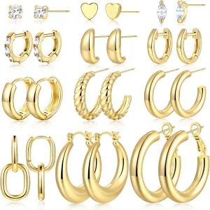 12 Pairs Gold Hoop Earrings Set for Women | 14K Gold Plated Lightweight Twisted Chunky Hoop Earrings Pack for Gift