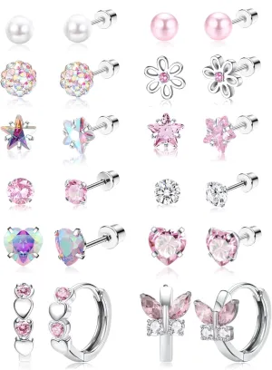 12 Pairs Hypoallergenic Stud Earrings For Women Kids Flat Screw Back Stainless Steel Earrings Set Jewelry For Teen Girls Cute Tiny Heart Star Flower Ball Pearl Earings 20g