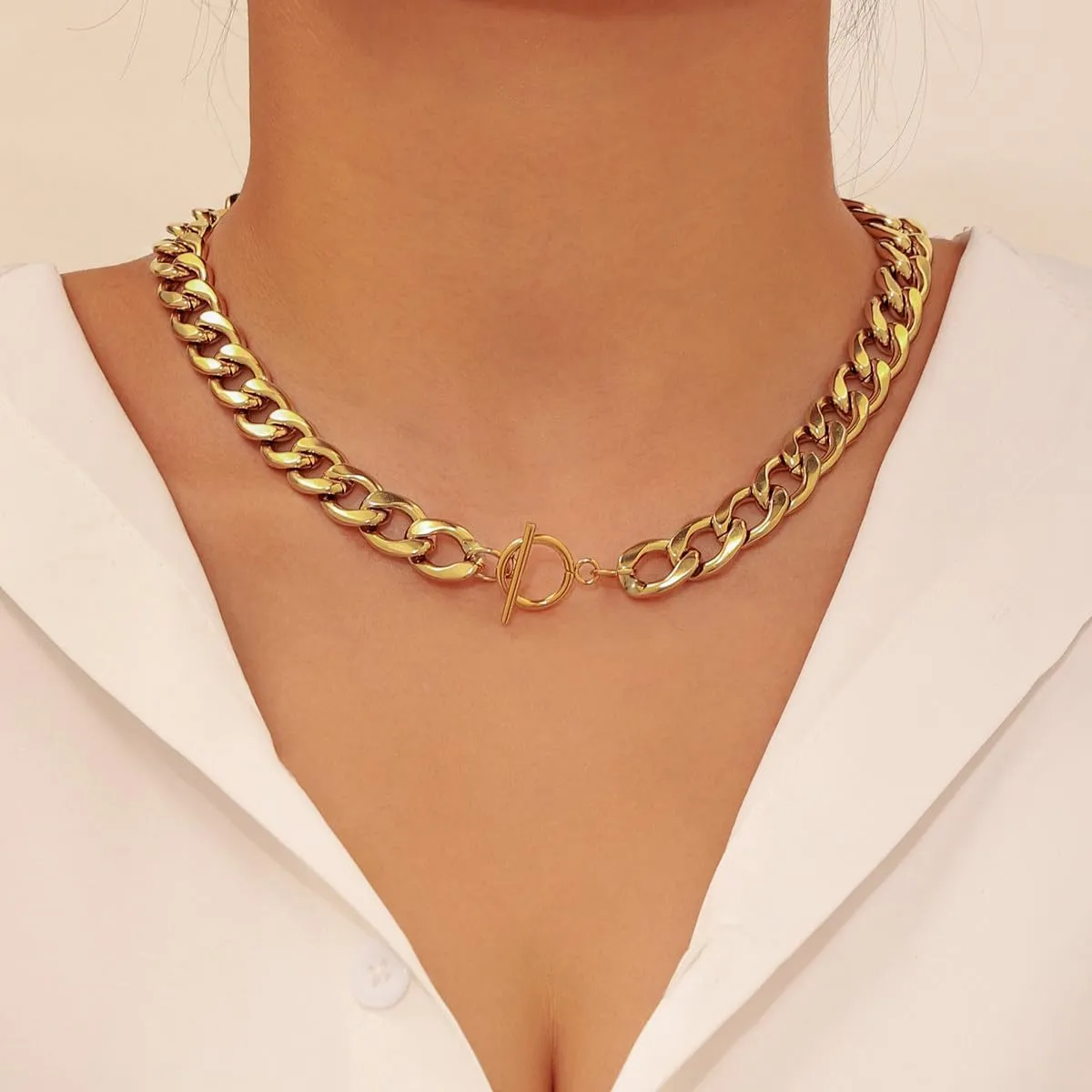12mm Chunky Cuban Link Chain Necklace for Women, Dainty Chunky Gold Clasp Toggle Necklace 18k Gold Plated Thick Statement Bar Necklace Cut Punk Hip Hop Cuban Chain Trendy Jewelry Gifts