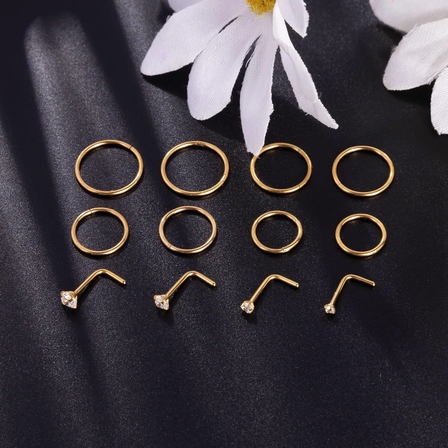 12Pcs 20G Stainless Steel Hinged Nose Rings Hoops for Men Women L Shaped Nose Studs Cartilage Hoop Earring Helix Tragus Hoop Clicker Nose Piercing Jewelry