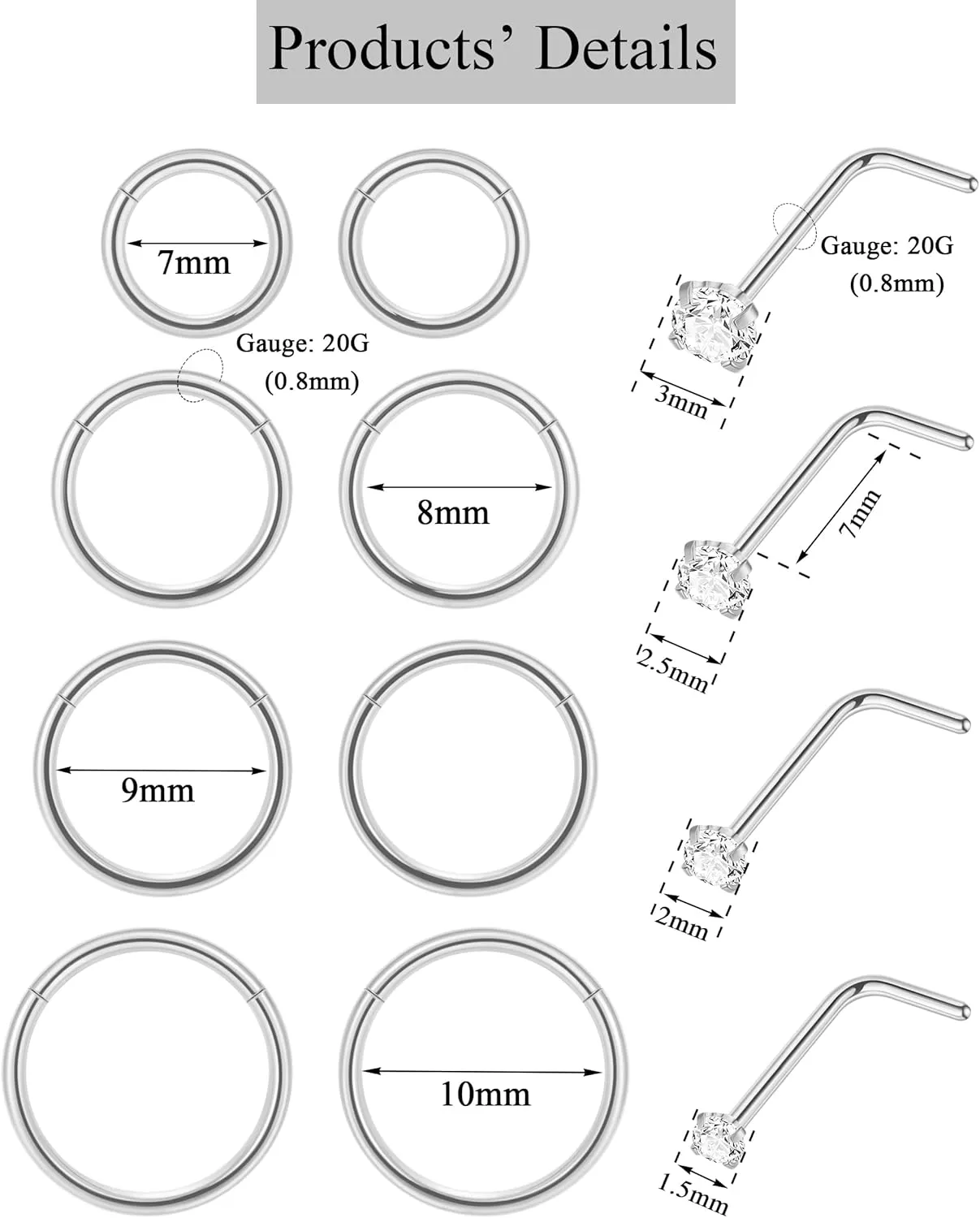 12Pcs 20G Stainless Steel Hinged Nose Rings Hoops for Men Women L Shaped Nose Studs Cartilage Hoop Earring Helix Tragus Hoop Clicker Nose Piercing Jewelry