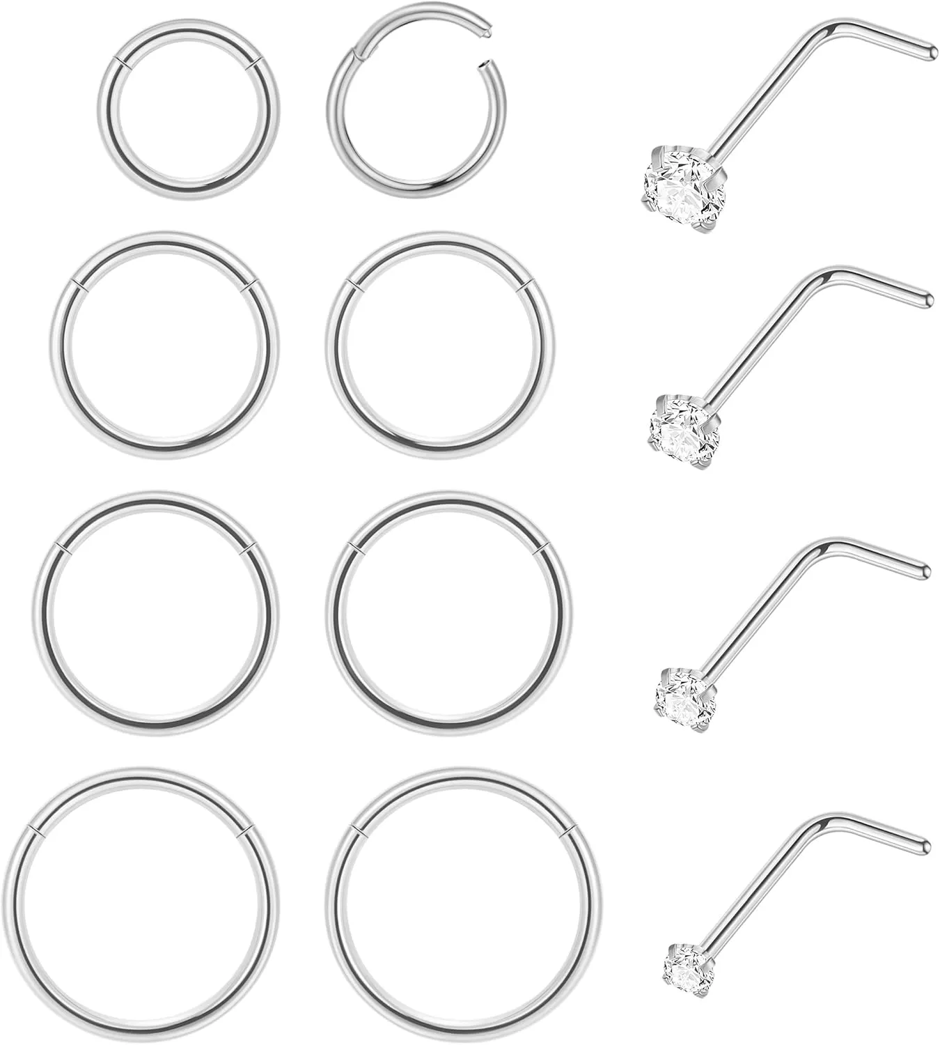 12Pcs 20G Stainless Steel Hinged Nose Rings Hoops for Men Women L Shaped Nose Studs Cartilage Hoop Earring Helix Tragus Hoop Clicker Nose Piercing Jewelry