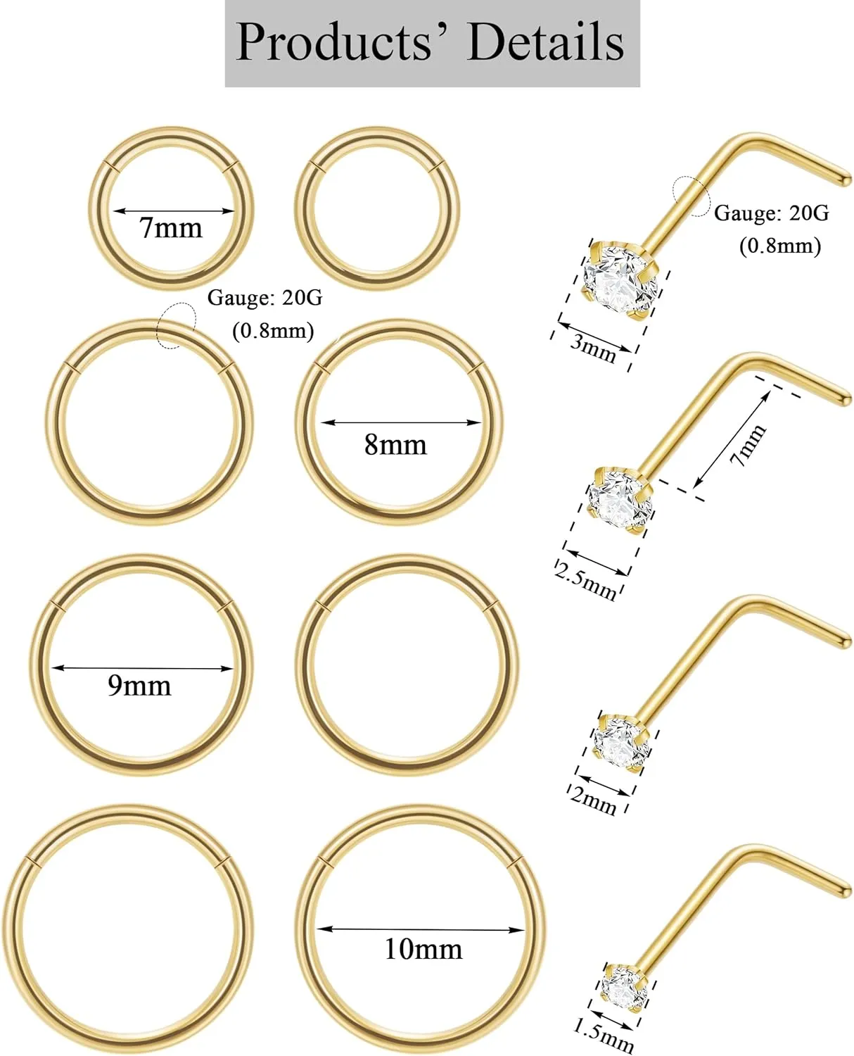 12Pcs 20G Stainless Steel Hinged Nose Rings Hoops for Men Women L Shaped Nose Studs Cartilage Hoop Earring Helix Tragus Hoop Clicker Nose Piercing Jewelry
