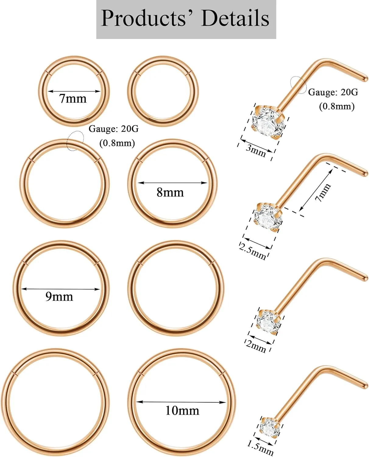 12Pcs 20G Stainless Steel Hinged Nose Rings Hoops for Men Women L Shaped Nose Studs Cartilage Hoop Earring Helix Tragus Hoop Clicker Nose Piercing Jewelry