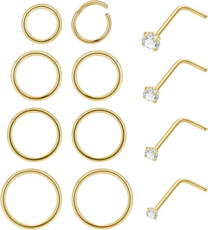 12Pcs 20G Stainless Steel Hinged Nose Rings Hoops for Men Women L Shaped Nose Studs Cartilage Hoop Earring Helix Tragus Hoop Clicker Nose Piercing Jewelry