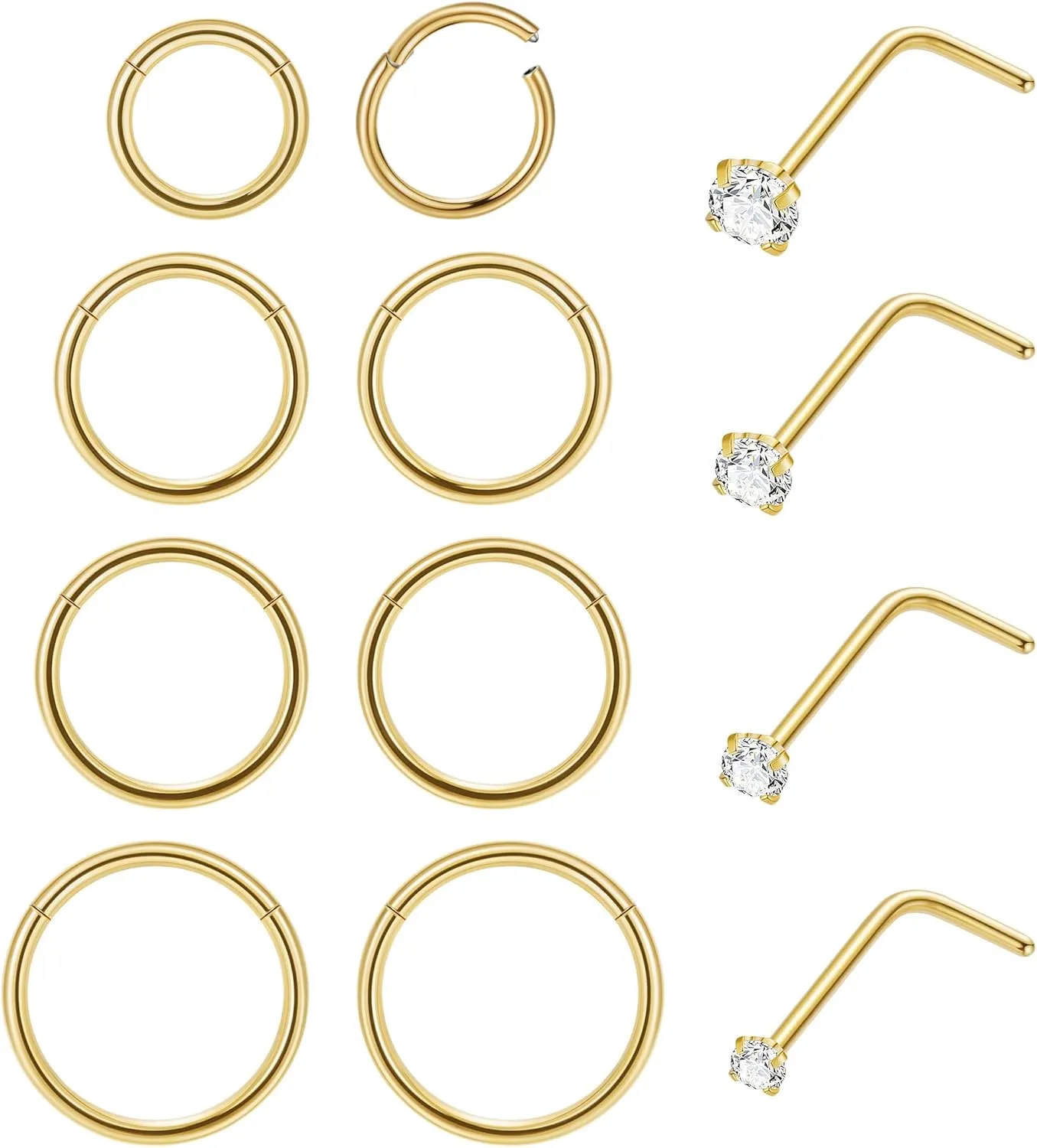 12Pcs 20G Stainless Steel Hinged Nose Rings Hoops for Men Women L Shaped Nose Studs Cartilage Hoop Earring Helix Tragus Hoop Clicker Nose Piercing Jewelry