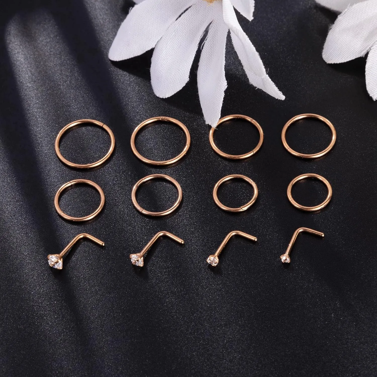 12Pcs 20G Stainless Steel Hinged Nose Rings Hoops for Men Women L Shaped Nose Studs Cartilage Hoop Earring Helix Tragus Hoop Clicker Nose Piercing Jewelry
