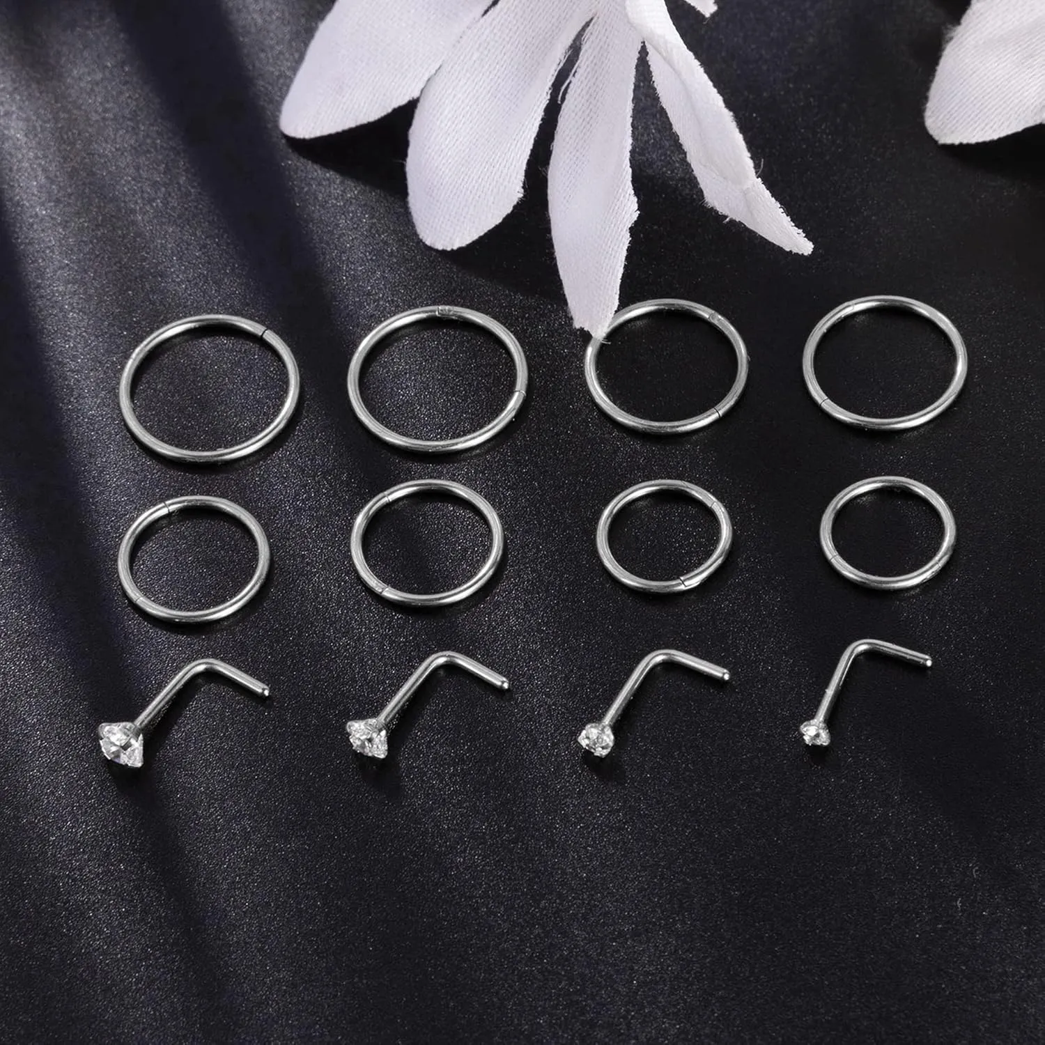 12Pcs 20G Stainless Steel Hinged Nose Rings Hoops for Men Women L Shaped Nose Studs Cartilage Hoop Earring Helix Tragus Hoop Clicker Nose Piercing Jewelry