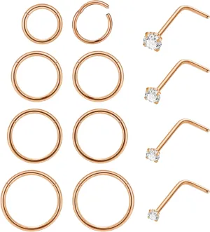 12Pcs 20G Stainless Steel Hinged Nose Rings Hoops for Men Women L Shaped Nose Studs Cartilage Hoop Earring Helix Tragus Hoop Clicker Nose Piercing Jewelry