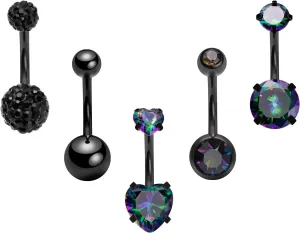 14G Belly Button Ring Stainless Steel Black Navel Ring for Women Clear Round Heart CZ Crystal Belly Bar Body Piercing Internally Threaded Barbell Belly Jewelry Black 5PCS