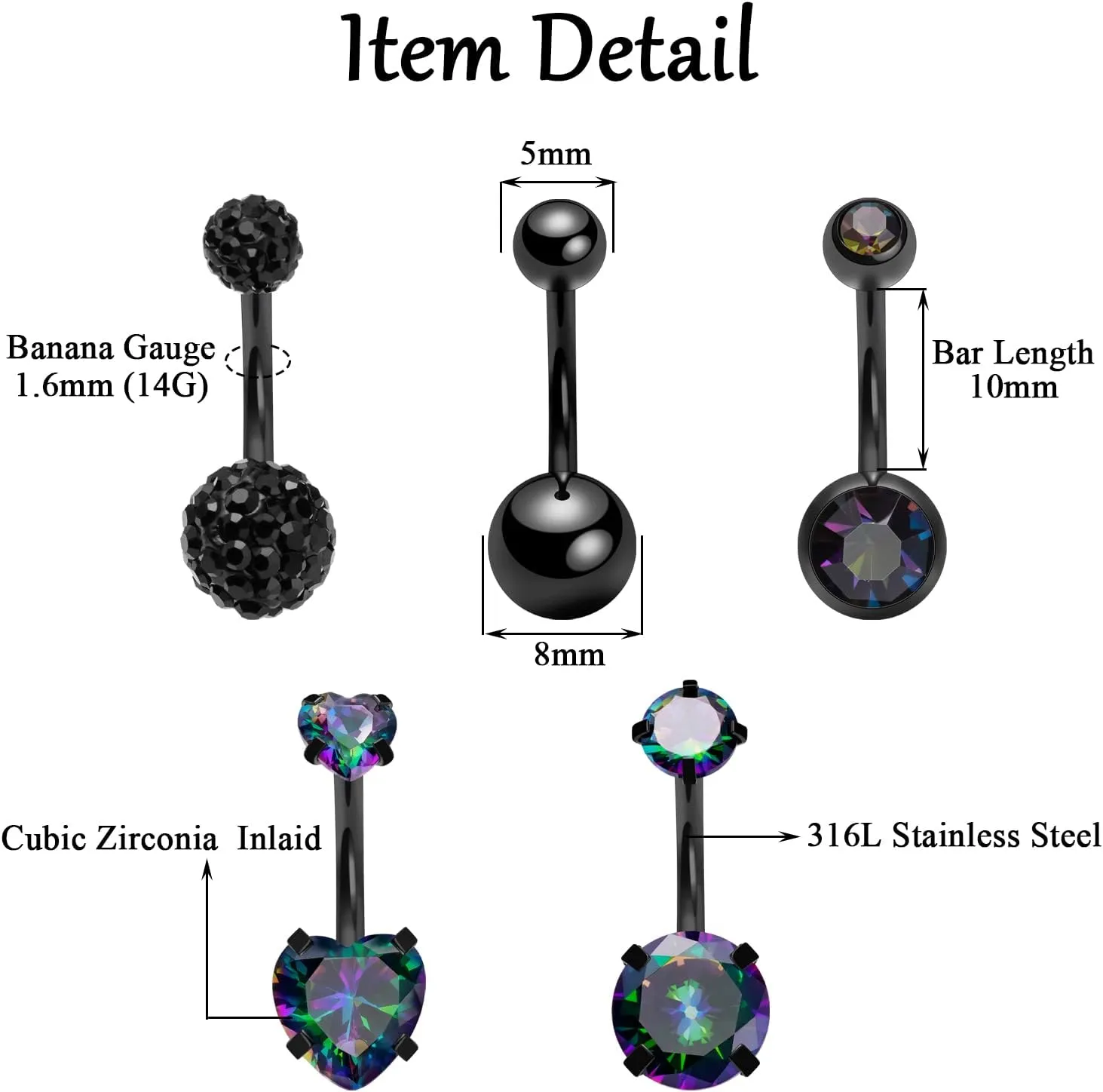 14G Belly Button Ring Stainless Steel Black Navel Ring for Women Clear Round Heart CZ Crystal Belly Bar Body Piercing Internally Threaded Barbell Belly Jewelry Black 5PCS