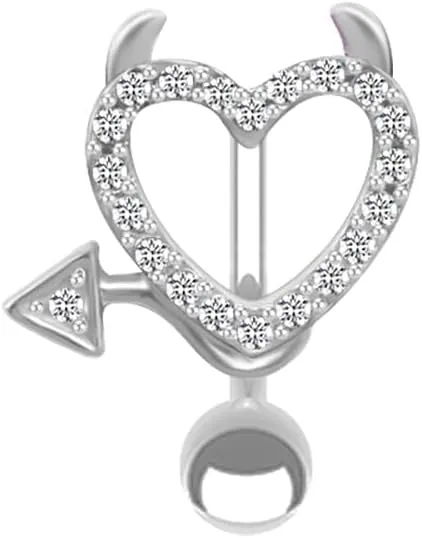 14G Devil Heart Reverse Belly Button Ring for Women Stainless Steel Belly Navel Barbell Rings Sparkle Belly Piercing Jewelry