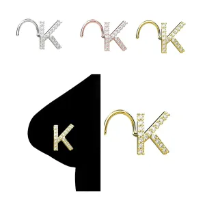 14K 18K 22K Yellow Gold Plated Initial Alphabet K Nose Stud in 925 Sterling Silver Metal with 1mm CZ Gems