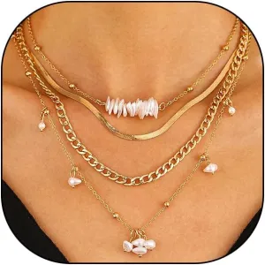 14K Gold Irregular Pearl Layered Necklace Set for Women,Dainty Stackable Snake Bone Chain Choker Necklace,Trendy Anniversary Band Jewelry Gifts