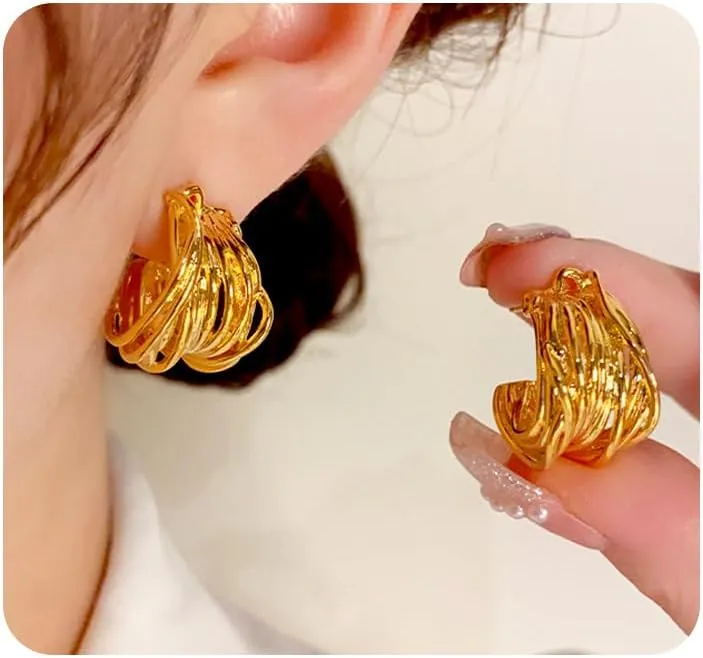 14K Gold Plated Chunky Hoop Earrings for Women,Dainty Trendy Multi-Layered Metal Irregular Earrings Wedding Party Prom Jewelry Statement Earring