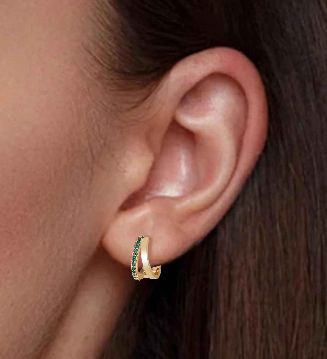 14k Gold Plated CZ Hoop Earrings for Women Hypoallergenic Cubic Zirconia Handmade Double Hoop Earrings Small Huggie Earrings Green CZ