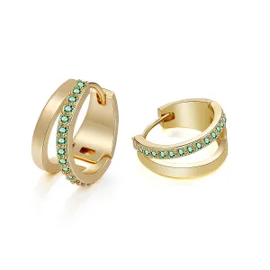 14k Gold Plated CZ Hoop Earrings for Women Hypoallergenic Cubic Zirconia Handmade Double Hoop Earrings Small Huggie Earrings Green CZ