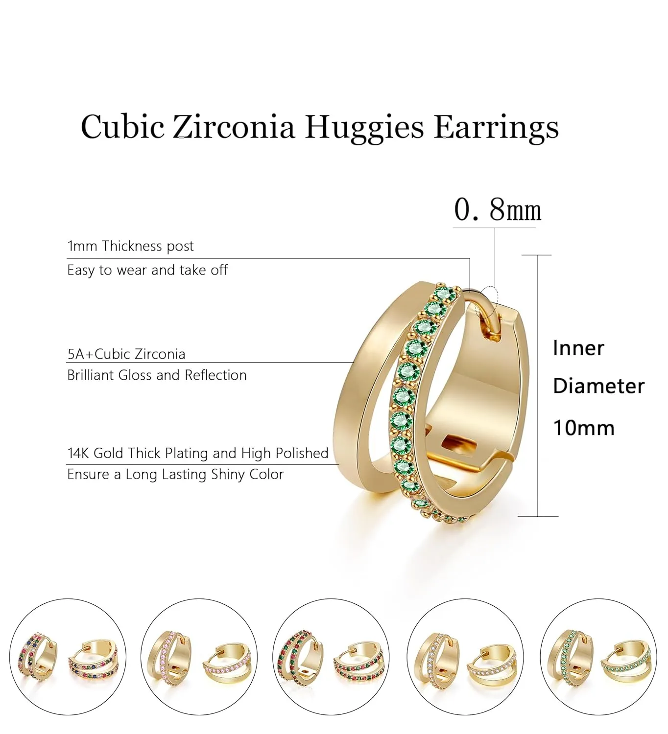 14k Gold Plated CZ Hoop Earrings for Women Hypoallergenic Cubic Zirconia Handmade Double Hoop Earrings Small Huggie Earrings Green CZ