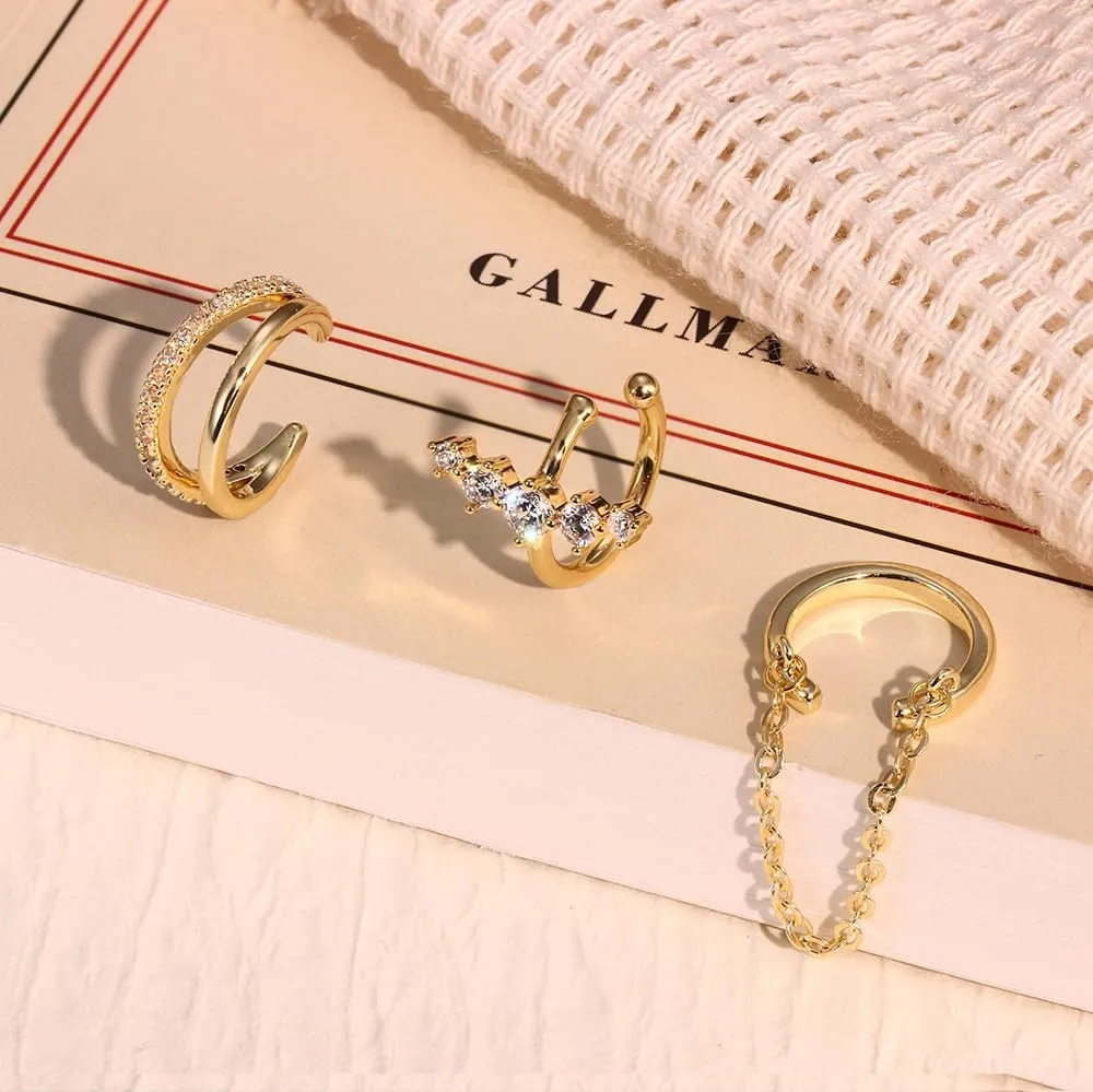 14K Gold Plated Ear Cuff Earrings for Women Non Piercing Hypoallergenic Clip on Cartilage Earring Set Jewelry Dainty Zircon Fake Earrings