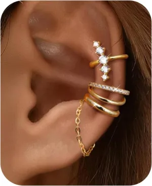 14K Gold Plated Ear Cuff Earrings for Women Non Piercing Hypoallergenic Clip on Cartilage Earring Set Jewelry Dainty Zircon Fake Earrings