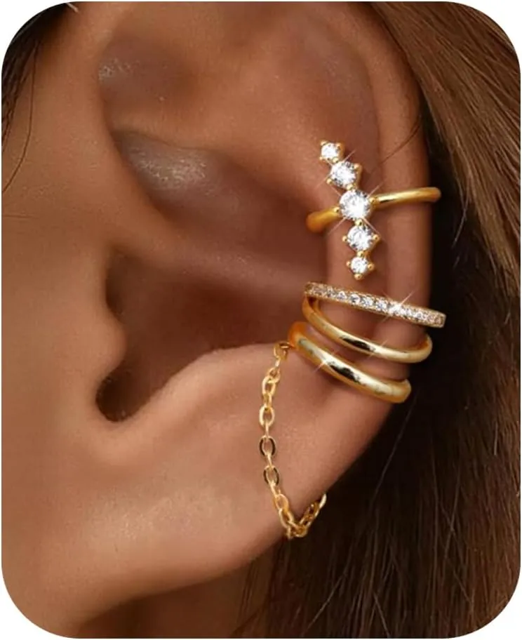 14K Gold Plated Ear Cuff Earrings for Women Non Piercing Hypoallergenic Clip on Cartilage Earring Set Jewelry Dainty Zircon Fake Earrings