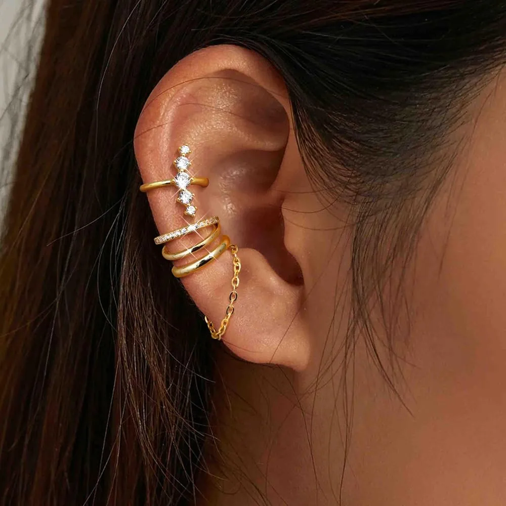 14K Gold Plated Ear Cuff Earrings for Women Non Piercing Hypoallergenic Clip on Cartilage Earring Set Jewelry Dainty Zircon Fake Earrings