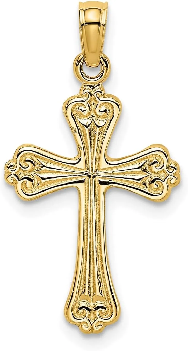 14K Real Yellow Gold Engraved Cross Charm Pendant