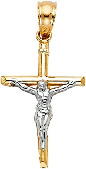 14K Solid Gold Cross Crucifix Pendant, Religious Jewelry,14K Real Two Tone Gold Jesus Christ Cross.