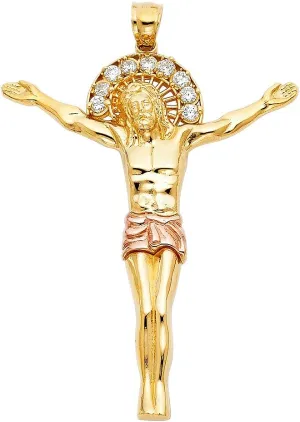 14K Two Tone Gold Cubic Zirconia Religious Jesus Christ Body Pendant - Crucifix Charm Polish Finish - Handmade Spiritual Symbol - Gold Stamped Fine Jewelry - Great Gift for Men & Women for Occasions, 56 x 45 mm, 6.3 gms