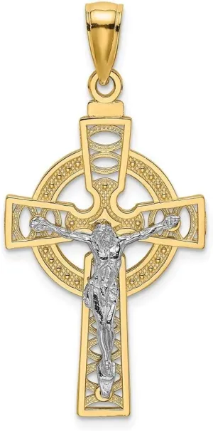 14K White and Yellow Two Tone Gold Celtic Crucifix with Eternity Circle and White Jesus Pendant (1.35 x 0.71 inches)