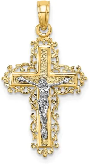 14k White and Yellow Two Tone Gold Crucifix with lace Trim and White Jesus Pendant