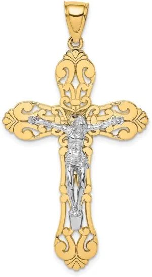 14K White and Yellow Two Tone Gold Crucifix with Scrolled Tips and White Jesus Pendant