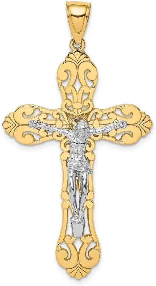 14K White and Yellow Two Tone Gold Crucifix with Scrolled Tips and White Jesus Pendant