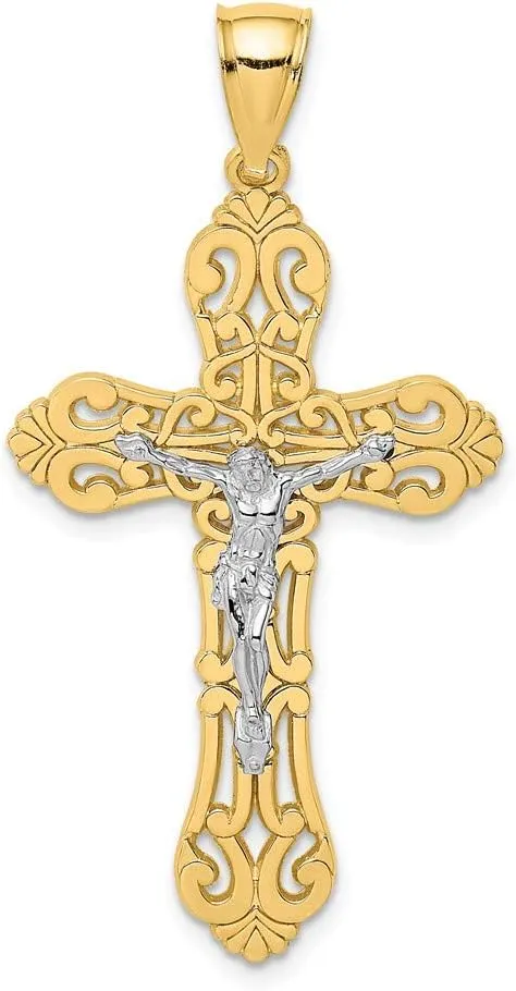 14k White and Yellow Two Tone Gold Crucifix with scrolled Tips and White Jesus Pendant