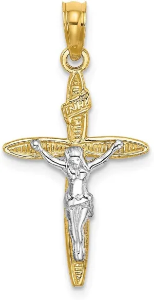 14k White and Yellow Two Tone Gold Crucifix with white Jesus and Inri Pendant (1.02 x 0.59 inches)