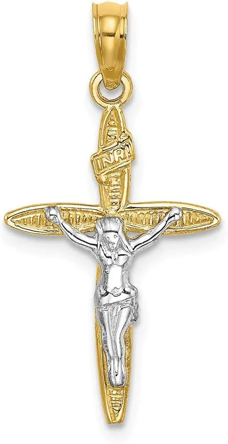 14k White and Yellow Two Tone Gold Crucifix with white Jesus and Inri Pendant (1.02 x 0.59 inches)