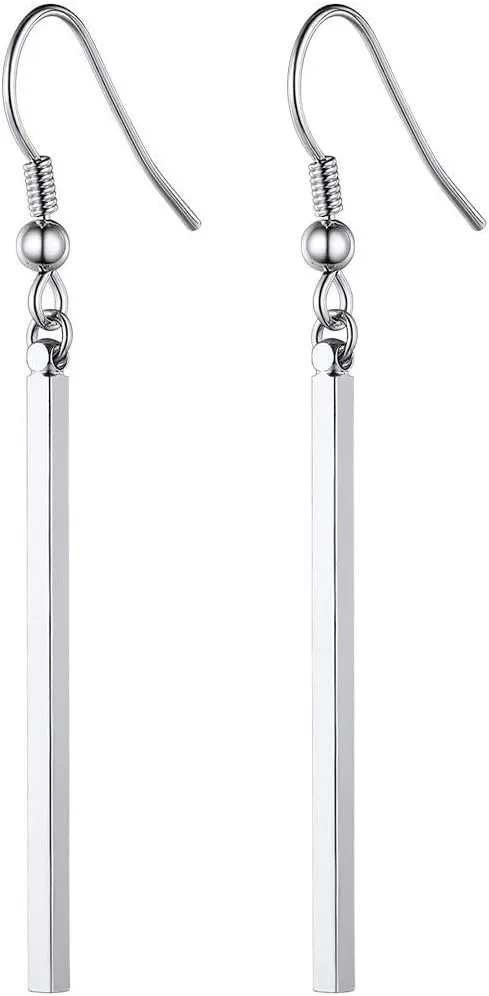 14K White Gold Plated Long Dangle Earrings, Hypoallergenic Minimalist Vertical Bar Drop Earrings, Lightweight Simple Geometric Jewelry for Women