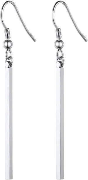 14K White Gold Plated Long Dangle Earrings, Hypoallergenic Minimalist Vertical Bar Drop Earrings, Lightweight Simple Geometric Jewelry for Women