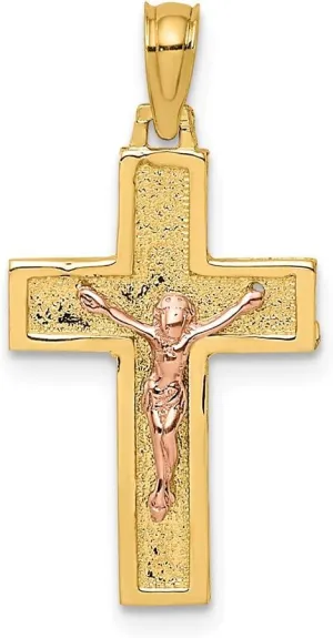 14K Yellow and Rose Two Tone Gold Crucifix On Block Cross with Pink Jesus Pendant