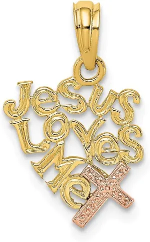 14K Yellow and Rose Two Tone Gold Jesus Loves Me with Pink Cross Pendant (0.71 x 0.47 inches)
