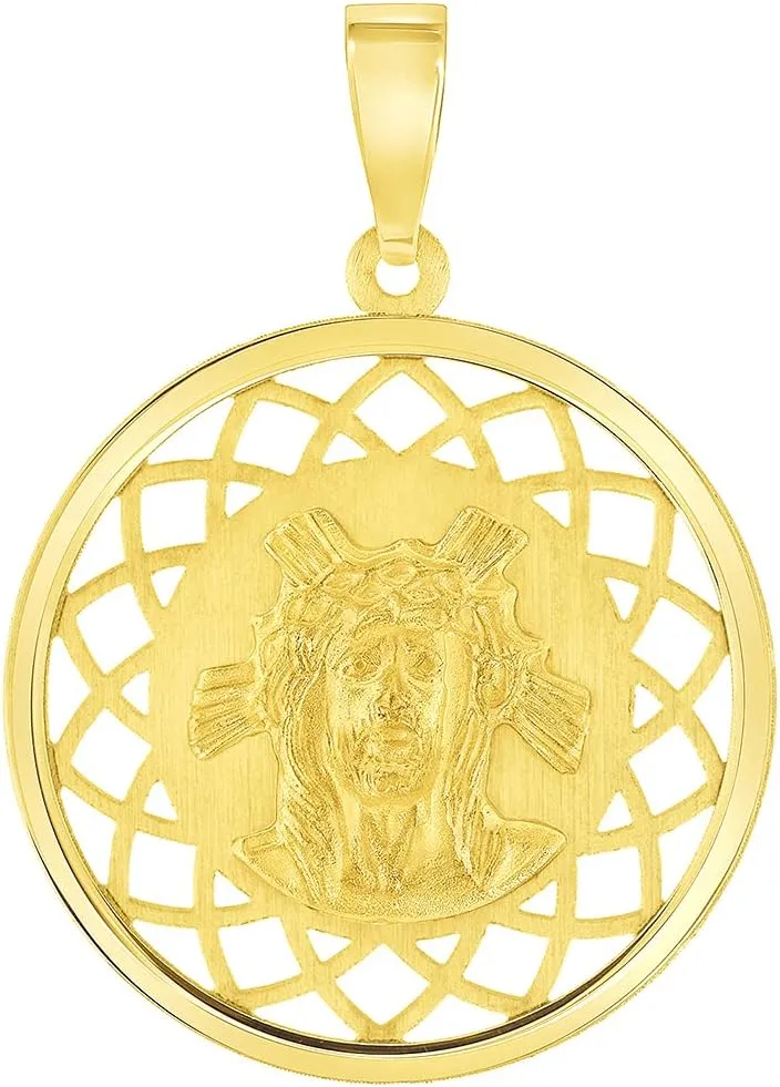 14k Yellow Gold Holy Face of Jesus Christ On Round Open Ornate Miraculous Medal Pendant