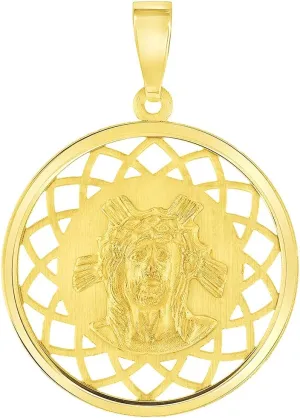 14k Yellow Gold Holy Face of Jesus Christ On Round Open Ornate Miraculous Medal Pendant