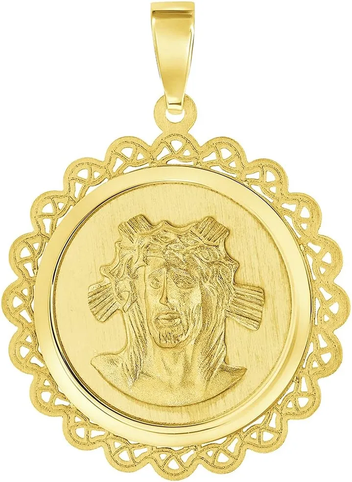 14k Yellow Gold Holy Face of Jesus Christ On Round Ornate Miraculous Medal Pendant (1")