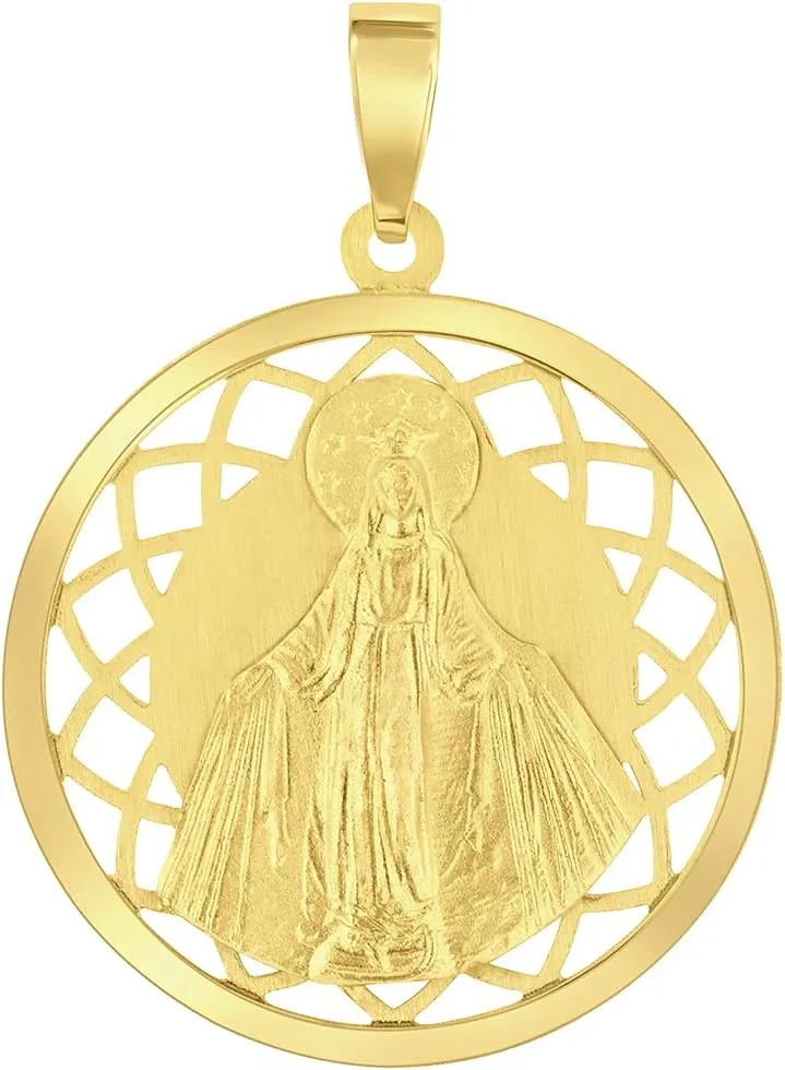 14k Yellow Gold Round Open Ornate Miraculous Medal of Virgin Mary Pendant