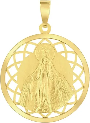 14k Yellow Gold Round Open Ornate Miraculous Medal of Virgin Mary Pendant